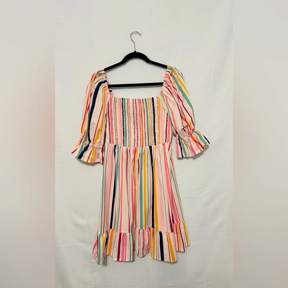 Eloquii Elements Rainbow Stripe Smocked Puff Sleeve Mini Dress Size 16 NWT - Picture 4 of 7